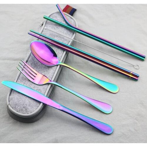 Tableware 8Pcs/set 304 Stainless Steel Rainbow Cutlery Straw Dinnerware Set Spoon Fork Chopsticks with Straw Portable Case