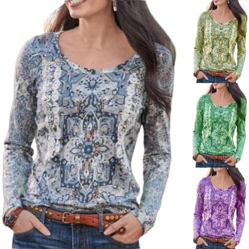 Casual Woman T-shirt Round Neck Long Sleeve Ethnic Pattern Retro Loose Top Sweatshirt Grey 3XL Womens Clothing женские футболки
