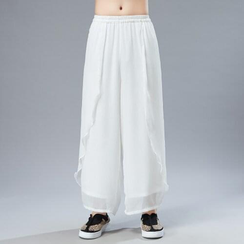 Men Yoga Tai Chi Pant Linen Chinese Traditional Loose Wide Leg Sweatpant Bloomers Kungfu Martial Arts Casual Jogger Running Pant