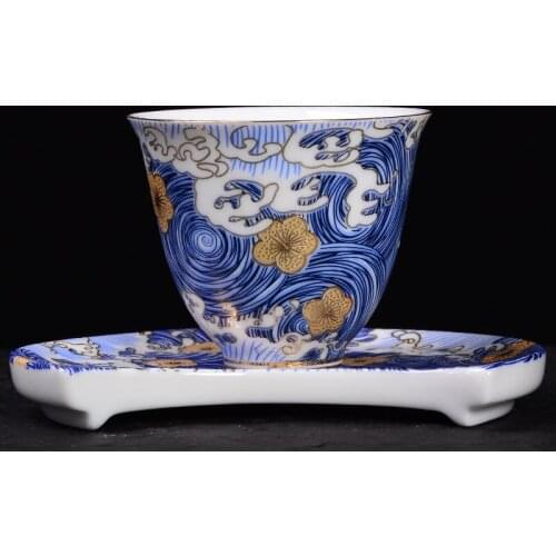 Blue Sea Wave Enamel Color TeaCups Ceramic Master Personal Single Cups Household Gold Painting Chinese Kungfu Cups Saucer Gifts