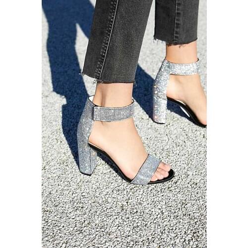 Sestito 2019 Women Bling Bling Rhinestone Suqare High Heels Gladiator Sandals Girls Sweety Peep Toe Hook&Loop Dress Shoes Lady