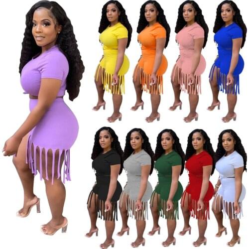 2 Piece Biker Shorts Set Women Crop Top And Shorts Sports Tassel Two Piece Set Orange Y2k Sexy Outfits Suits Plus Size 4XL 5XL