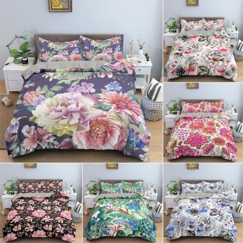 Flower Floral Printed Quilt Cover Bedding Set King Queen Twin Duvet Cover Set Luxury Cozy Home Textile With Pillowcase 2/3Pcs