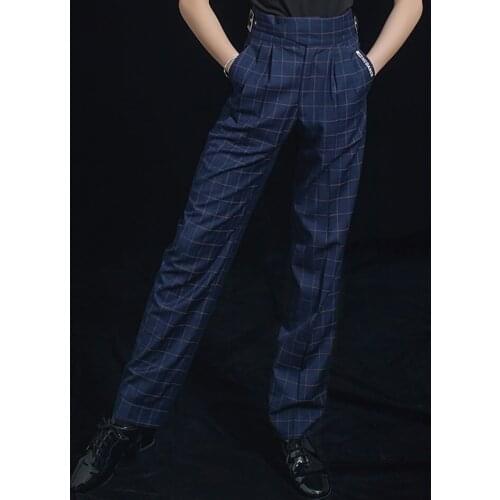 New High Waist Male Latin Dance Trousers Blue Black Men Latin Dancing Pants for Samba Tango Chacha Practice Costume MA2174
