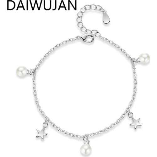 DAIWUJAN Real 925 Sterling Silver Chain Bracelet for Girls Women Synthesis Pearls Stars Fashion Jewelry Gift Wholesale Pulseras