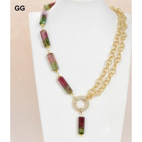 GuaiGuai Jewelry Natural Faceted Cylinder Tourmalines Quartzs Gold Color Plated Chain Pendant Necklace CZ Circle Clasp For Women