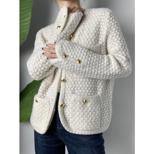 Boutique Baby Blue/White V-Neck Viscose Wool Cardigan Drop-Shoulder Golden Button Texture Oversized Boxy Sweater Knitwear Jacket