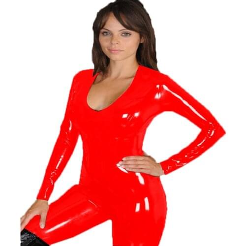 Wetlook PVC Long Sleeve Catsuit Women Glossy Skinny Bodysuit Sexy Deep V-neck Jumpsuit Novelty Nightclub Dancer Clubwear