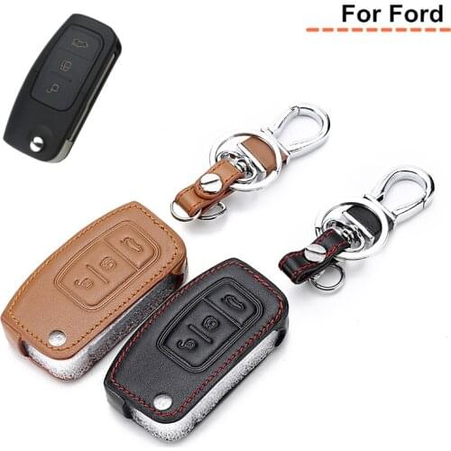 3 Buttons Leather Car Key Case Cover For Ford Fiesta Focus Mondeo Falcon B-Max C-Max Flip Folding Key Bag Protector Keychain