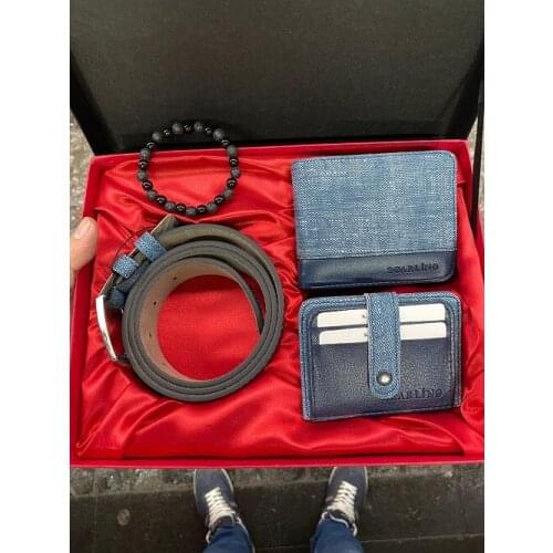 Karali Leather Blue Men 'S Leather Wallet Belt Badge Holder Bracelet Portfolio Gift Boxed Set