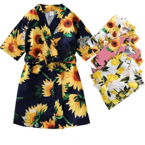 Summer Nightgown Nightwear with Belt Bandage Pajamas for Kids Girls Children Robes Sleepwear Sunflowers Printed Short Sleeve