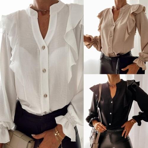 Casual Women Autumn Solid Color Long Sleeve Blouse Ruffle Single-breasted Shirt Womens Clothing blusas mujer de moda 2020