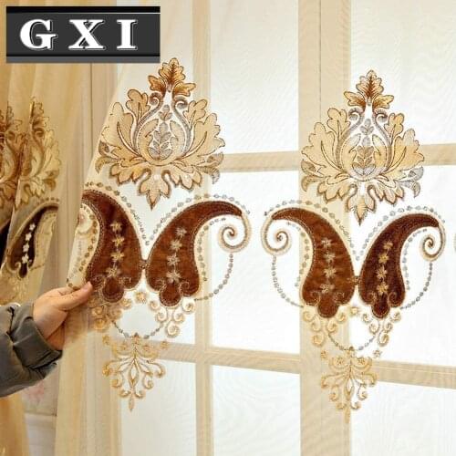 GXI Coffee Luxury Sheer Curtain Voile Curtains European Velvet Embroidery Tulle for Living Room Sliding Door Window Treatment