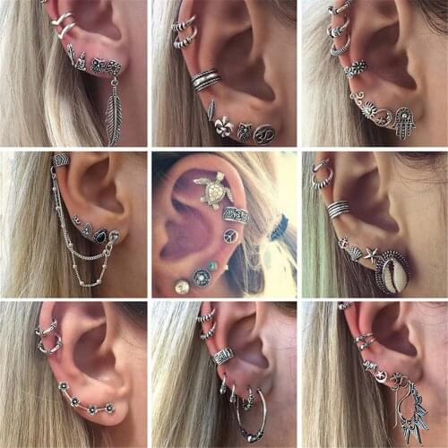 LIMARIO Vintage Silver Color Geometric Stud Earrings Set for Women Fashion Crystal Stone Heart Flower Leaf Chain Bohemian Jewelr