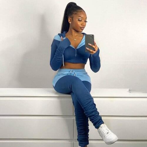 2021 New Autumn Womens Clothing Sexy Off-The-Shoulder Contrast Color Patchwork Long Sleeve Hoodie Leisure Sports Suit For Women