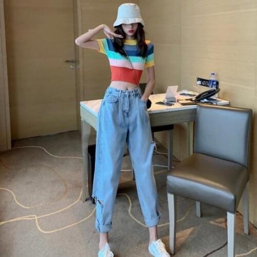 Women 2021 Summer New Fashion Two-piece Suits Female O-neck Knitted Short Striped T-shirt Ladies Loose Harem Jeans Sets K180