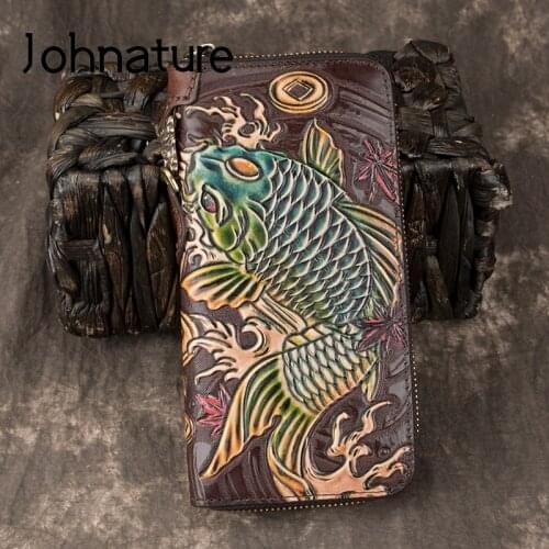 Johnature Luxury Hand Wallet 2020 New Retro Handmade Embossing Genuine Leather Men Women Wallets And Purses Wallet Card Holder