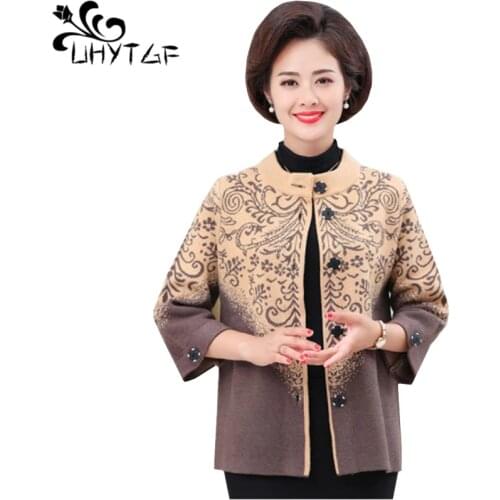 UHYTGF Womens sweater Single-breasted knitted cardigan Female autumn sweater coat Stand collar loose 4XL plus size sweaters 815