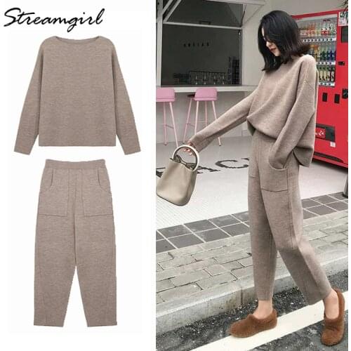 Streamgirl 2 Piece Set Women Trouser And Top Knitted Set With Pants O Neck Pullover Sweater Suit Knitted Outwear Women Sets 2021