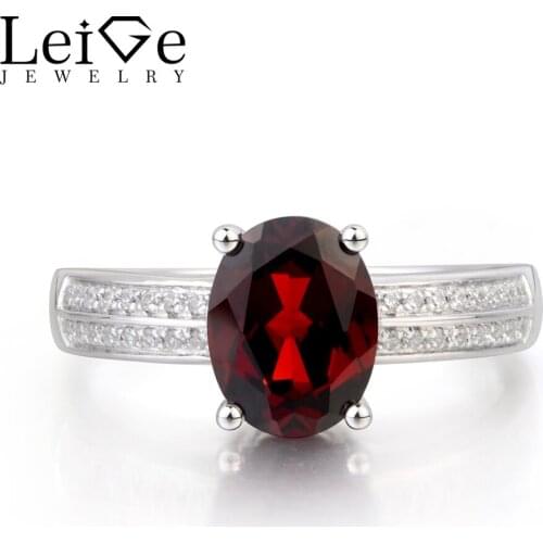 Leige Jewelry Natural Garnet Ring Wedding Ring January Birthstone Oval Cut Red Gemstone 925 Sterling Silver Ring Gifts for Women