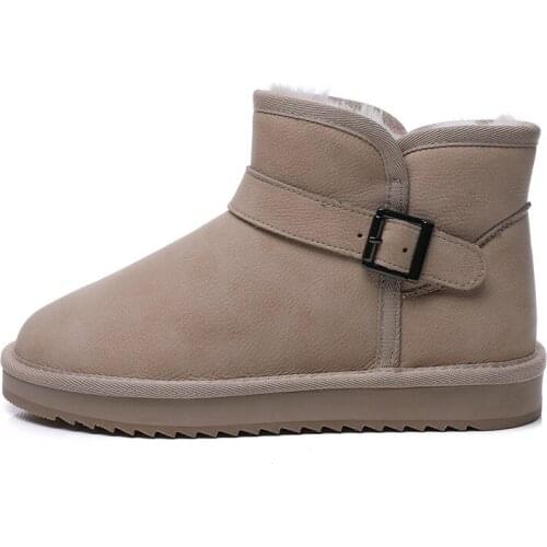 Winter Women Buckle Leather Wool Snow Boots Flat Thick Pure Color Warm Cotton Shoes Non-Slip Wearable Short-tube For Girls Boots