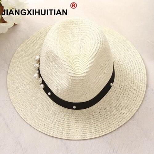2017 New Spring Summer Hats For Women Flower Beads Wide Brimmed Jazz Panama Hat Chapeu Feminino Sun Visor Beach Hat Cappello