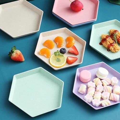 2021 Fruit Plate Wheat Straw Hexagon Dessert Snacks Foods Wheat Straw Thicken Tray Fruit Plate Supplies Hexagon Sturdy Tableware