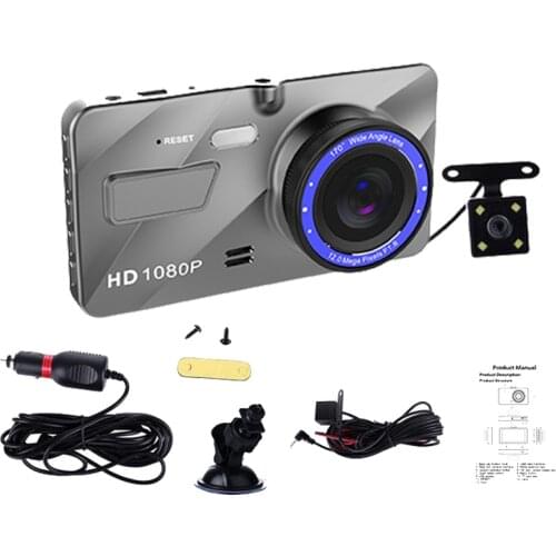 4 Inch 1080P HD Dual Lens Camera 170 Degree Wide Angle Car DVR Video Loop Recording Dash Cam Front Rear Recorder with 4 Display