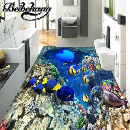Beibehang Custom 3D Mediterranean Shoal Of Fish Floor Waterproof For Bathroom 3D Landscape Wall Papers For Kids Wall Coverings