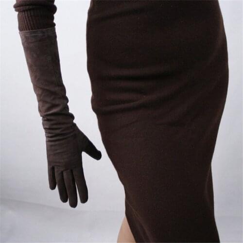 44cm Real Leather Suede Gloves Long Section Pure Sheepskin Scrub Thin Plush Lined Coffee Dark Brown Female Gloves Straight WJP08