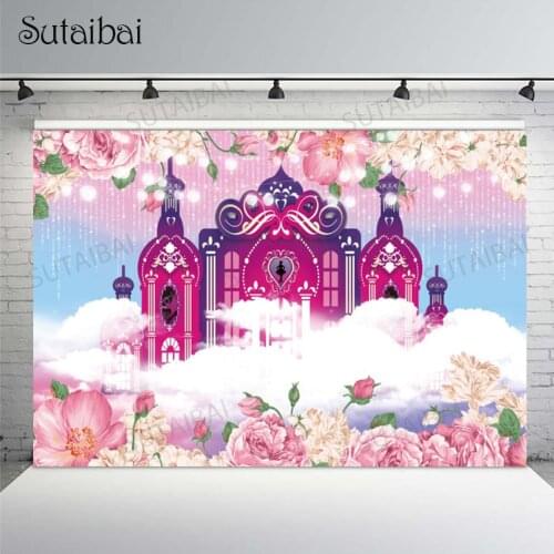 Purple Castle Background Photography Pink Flowers Glitter Princess Birthday Party Decor Portrait Photographic Backdrops Studio