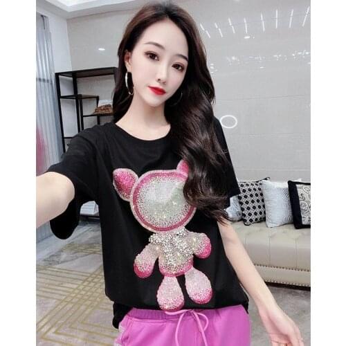 Bear Cotton T Shirt Rhinestone Summer T-shirt Women 2021 Plus Size Loose Ladies Tops Diamonds Black Short Sleeve