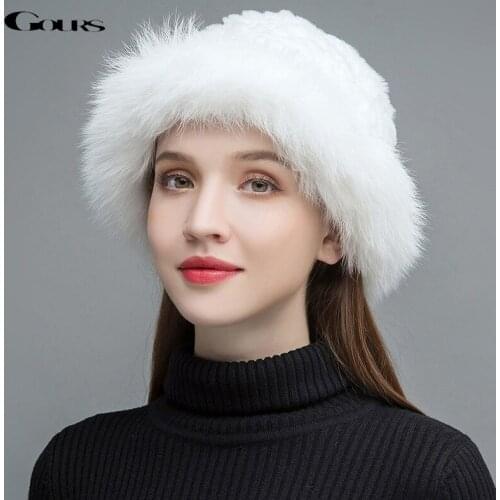 Gours Fur Hats for Women Black Real Rex Rabbit Fur Caps Female Fox Fur Fashion Hat Warm In The Winter New Arrival GLH025