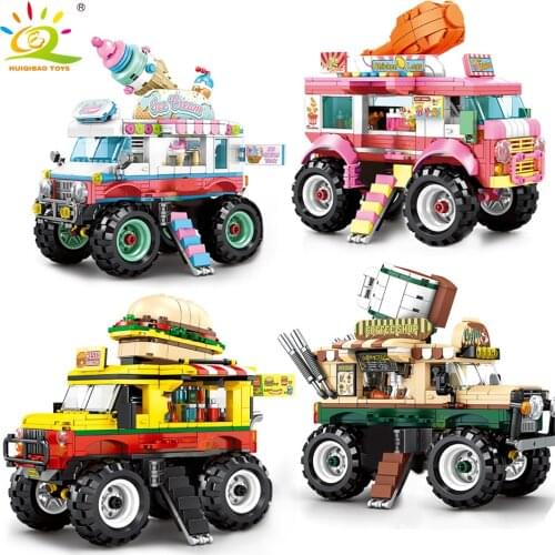 HUIQIBAO TOYS City Ice Cream Hamburger Coffee Dining Car Building Blocks with Figures Children Vehicle Bricks toys for Children