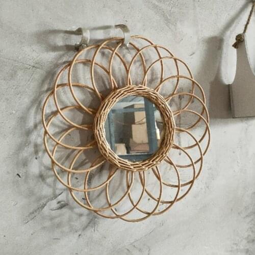 Rattan Innovative Art Decoration Round Makeup Mirror Dressing Bathroom Wall Hanging Mirrors Craft
