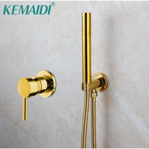 KEMAIDI Golden Solid Brass Bathroom Shower Set Rianfall Head Bath Faucet Wall Mounted Arm Mixer Water System Faucets