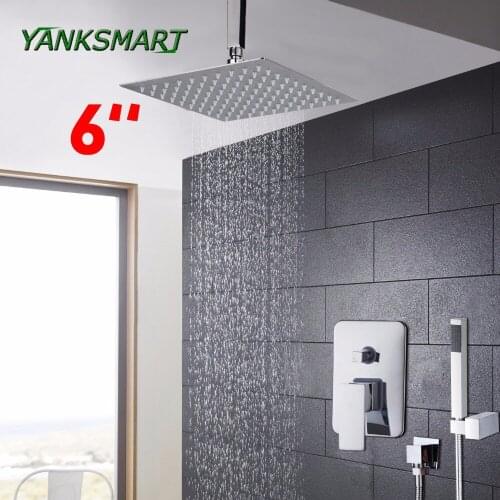 YANKSMART 6" Shower Head Bathroom Showers Set Ceiling mount Rainfall Shower Head + hand sprayer +Brass Control Valve