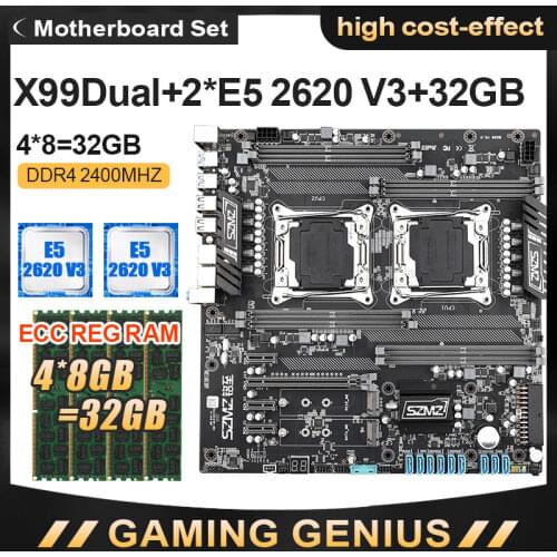 SZMZ X99Dual CPU LGA 2011 v3 Motherboard Set With Xeon E5 2620V3 + 4*8gb=32G DDR4 2400MHZ ECC REG RAM MSATA M.2 PCIE 16X