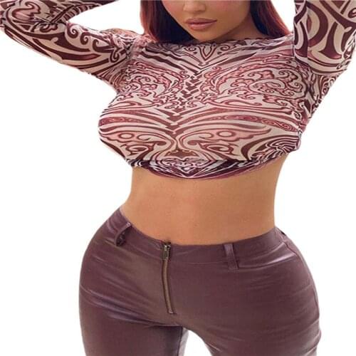 Sexy Women See-Through Abstract Print Crop Top Fashion Long Sleeve O-Neck T-shirt E-girl Y2k Slim Exposed Navel Tee Streetwear