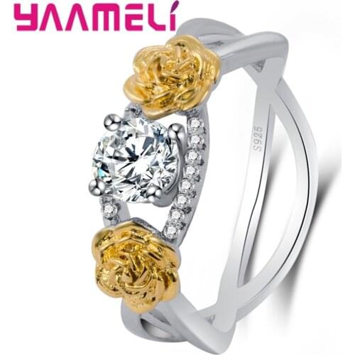 Round Clear Cubic Zirconia Finger Rings Fashionable 925 Sterling Silver With Two Beautiful Gold Flowers For Women Girls
