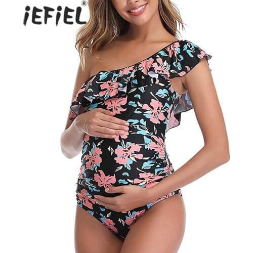 Maternity Swimwear One Piece One Shoulder Floral Pregnancy Monokin Swimsuit Pregnant Woman Bikini Bathing Suit Tankini Beachwear