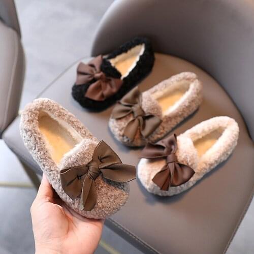 Winter Fashion Toddler Infant Kids Baby Girls Warm Butterfly Knot Plush Fleece Slip On Flat Loafers Shoes Casual Party Shoes#g4