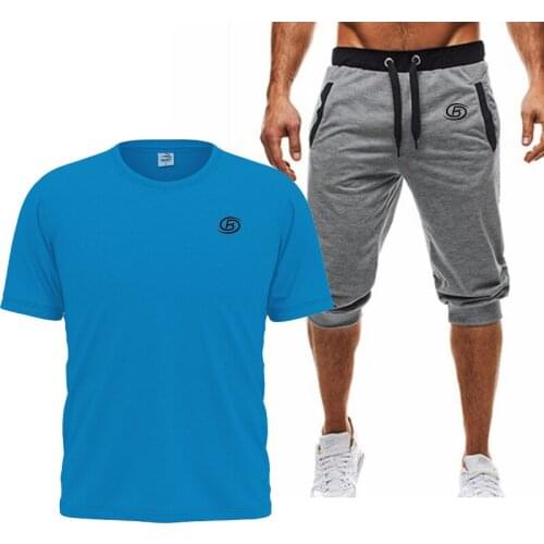 Summer 2021 Mens loose and comfortable basketball fitness s-3l printed short sleeve + jogging pants 2pk