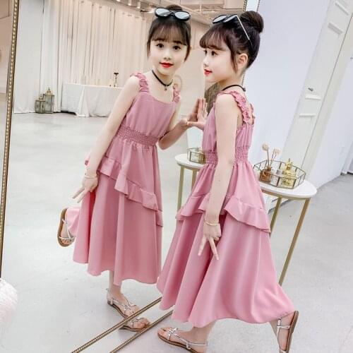 Girls dresses summer clothes big girls child clothes solid color yellow pink chiffon long dress for 10 11 12 13 14 15 Years Old