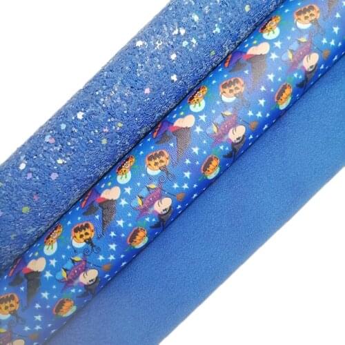 Blue Glitter leather, Pumpkins Witches Printed synthetic leather, Faux Leather Vinyl Fabric Sheets For Bows DIY 21x29CM KM728