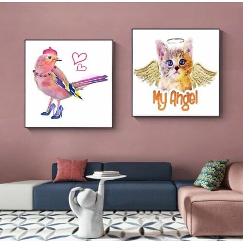 Stylish Lovely Morderm Cat Bird Heels Canvas Painting Print Poster kid Room Bedroom Living Room Home Decoration Wall Art Picture