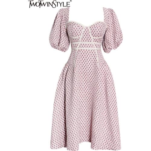 TWOTWINSTYLE Elegant Bowknot Mini Dress For Women Square Collar Puff Short Sleeve High Waist Colorblock Dresses Females 2021 New