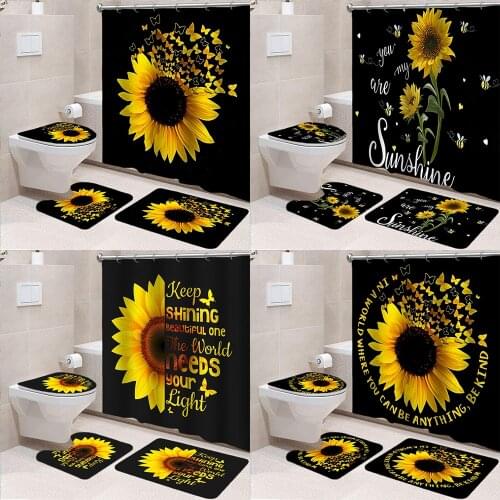 Sunflower Butterfly Waterproof Shower Curtain Bathroom Mats Set Toilet Lid Cover Rugs Anti Slip Carpets Shower Room Floor Mats