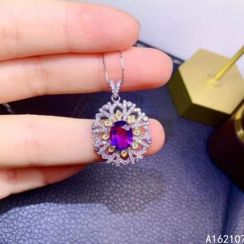 Fine Jewelry 925 Pure Silver Inlaid Natural Amethyst Girl Luxury Noble Flower Chinese Style Gem Pendant Necklace Support Detecti