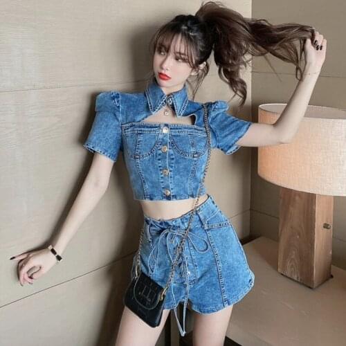 New Arrival Puff Short Sleeve Denim Jacket+Lace Up High Waist Jeans Shorts Two Piece Sets Summer Clothes For Women 2021 AA5635